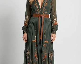 Elegant Maxi-Kjole Med Boheme-Print Og Bindebånd I Taljen