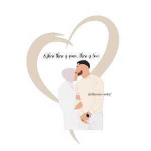 May include: A digital illustration depicting a couple kissing, framed by a beige heart. The artwork features the text "Where there is peace, there is love." and the artist's handle, "@illustrationsbyf."