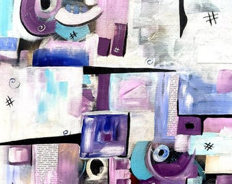 Quadro astratto acrilico 20x20 cm, geometrico viola-verde acqua, su tela - "Gioia Viola"