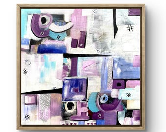 Abstract Acrylic Painting 20x20 Purple Teal Geometric Canvas Wall Art - "Purple Joy"