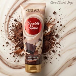 Può includere: Un tubetto di lozione per il corpo Veri You a tema cioccolato. Il tubetto presenta le parole "Chocolate Magic" in un cerchio rosso, con pezzi di cioccolato e un design a spruzzo. Contiene 250 ml.