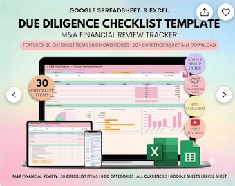 Plantilla de lista de verificación de diligencia debida / Rastreador de revisión financiera de fusiones y adquisiciones / Panel de control de Excel y Google Sheets / Hoja de cálculo de transacciones en múltiples divisas