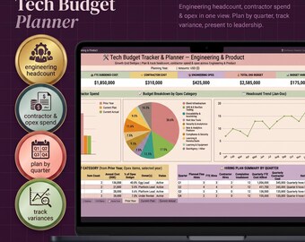 Tech Budget Planner | Engineering Headcount, Opex Tracker (Google Sheets/Excel)