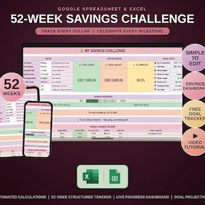 May include: A digital 52-week savings challenge spreadsheet for Google Sheets and Excel. The display shows a savings dashboard with progress bars, goal amounts in USD, and a weekly tracker. Includes icons for Excel and Google Sheets software.