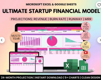 Hoja de cálculo del modelo financiero de una startup / MRR, tasa de consumo de efectivo, seguimiento de liquidez (Excel/Google Sheets)