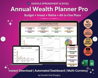 Planificador de patrimonio anual Pro 2026: hoja de cálculo / Presupuesto, inversiones, seguimiento del patrimonio neto (Google Sheets, Excel)