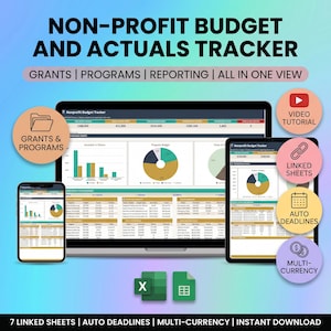 May include: A digital non-profit budget and actuals tracker displayed on a laptop, tablet, and smartphone screen. The interface features charts, graphs, and tables for grants, programs, and reporting. Includes icons for video tutorials, linked sheets, auto deadlines, and multi-currency options.