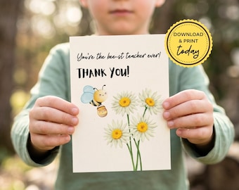 Cute Teacher Thank You Card Printable, Bee Theme Card for Kids, Print and Fold, End of School Gift