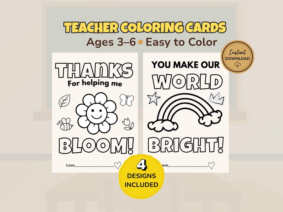 Teacher Coloring Cards Printable, Thank You Card for Teacher, Kids