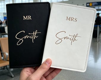 Personalised Passport and Luggage Tag Gift Set, Mr and Mrs Honeymoon Travel Holder
