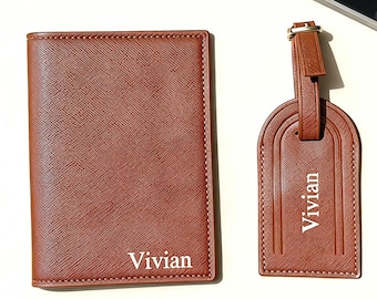 Personalized Faux Leather Passport Holder and Luggage Tag Set, RFID Blocking Travel Cover