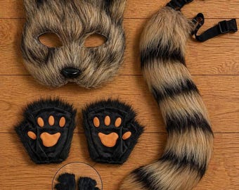 Máscara de gato del desierto hecha a mano y conjunto de cola de piel sintética, accesorios de cosplay peludos