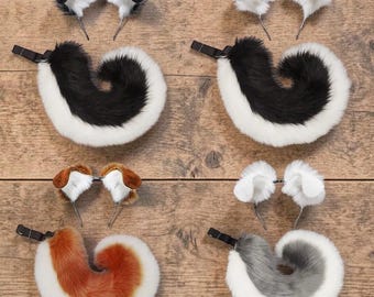Calico Faux Fur Dog Tail and Ears Set, Shiba Inu Shepherd Cosplay Kemonomimi Accessories