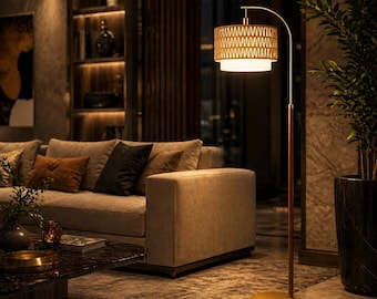 Boho Rattan Arc Floor Lamp, Woven Shade, Mid Century Modern Lighting