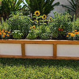 May include: A wooden raised garden bed filled with various plants and flowers. The bed features sunflowers, orange marigolds, and green herbs. The wooden frame has three white panels. The garden is set on a bed of green grass.