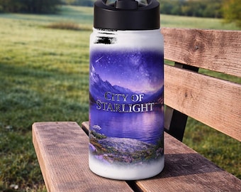City of Starlight Mountain Scene Stainless Steel Water Bottle | Night Sky Lake