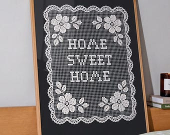 Home Sweet Home Cross Stitch Lace Print | Vintage Cottagecore Wall Art