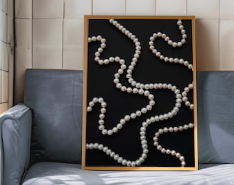 Pearl Necklace Pattern Matte Vertical Poster | Black Minimal Jewelry Wall Art