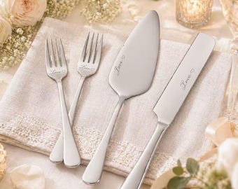 Personalized Wedding Cake Cutting Set, Engraved Knife Server and Fork Set, Custom Name Date Gift for Bride Couple Bridal Shower Gift