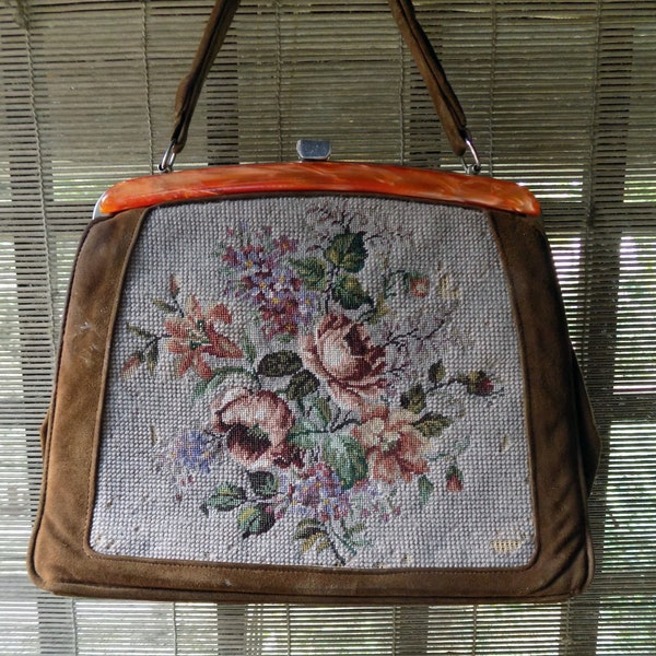 Borsa a mano vintage floreale Petit point//Borsa con arazzi floreali degli anni '60