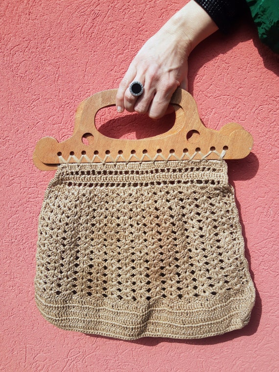 Rope and Wood - Vintage crochet Handbag//60's Fas… - image 4