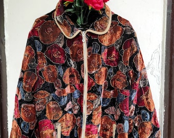 Vintage Floral Velvet Jacket//90's Colorful Floral Bomber Jacket L
