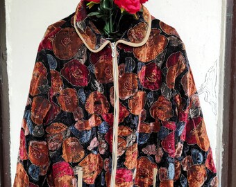 Vintage Floral Velvet Bomber Jacket - 90's Colorful Design, Size L