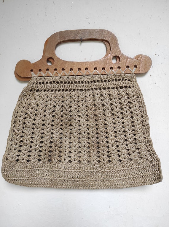 Rope and Wood - Vintage crochet Handbag//60's Fas… - image 1