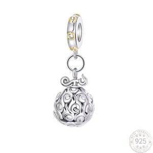 May include: A silver charm bead featuring a spherical pendant with a swirling, flame-like pattern and a top loop. The bead has a cylindrical core accented with small gold-toned circular details. A circular stamp in the corner reads 925.