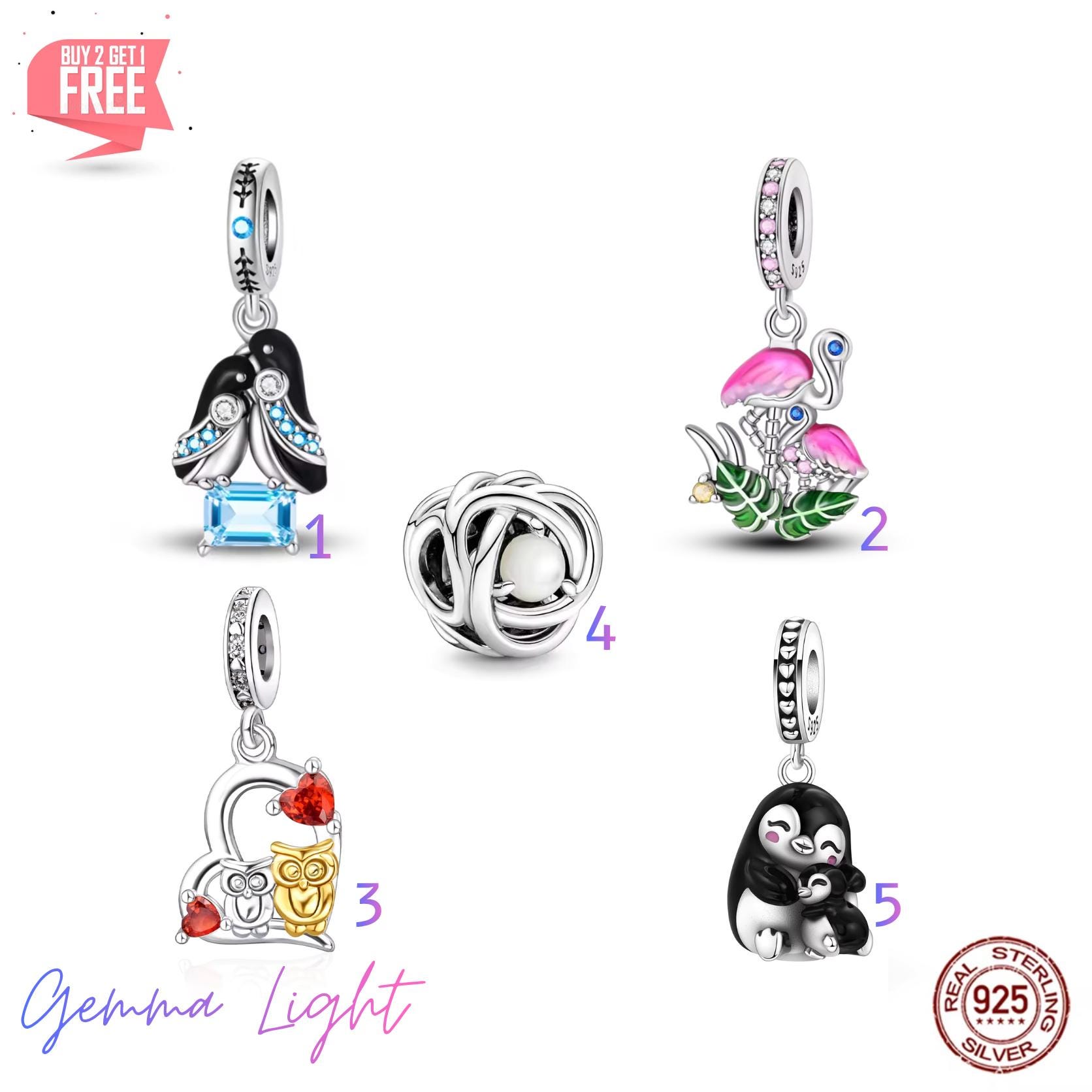 Mama & Chick Penguin Flamingo Owl Cozy Egg Nest &bull; 925 Sterling Silver jewelry Pendant Bead 