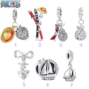 May include: A collection of seven silver-toned metal charms featuring One Piece themes. Designs include a straw hat, swords, fruit shapes, an anchor with the words FAITH HOPE LOVE, and sailboats. Each charm has a loop for attachment to a bracelet.