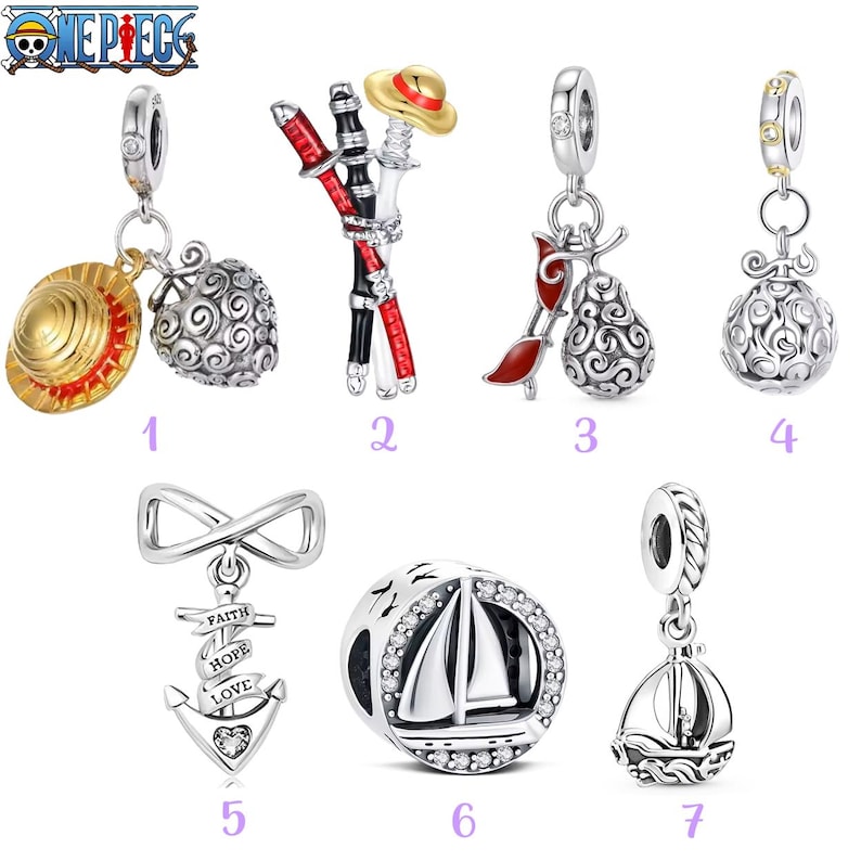 May include: A collection of seven silver-toned metal charms featuring One Piece themes. Designs include a straw hat, swords, fruit shapes, an anchor with the words FAITH HOPE LOVE, and sailboats. Each charm has a loop for attachment to a bracelet.