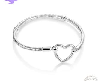 Sterling Silver Heart Lock Snake Bracelet • Premium Open-Heart Clasp • Clip-Ready Design • Pandora Charm Bead Bracelet Jewelry