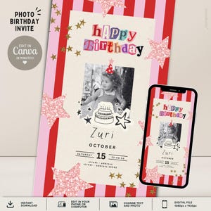 Puede incluir: Una invitación de cumpleaños con una foto de un niño, el nombre "Zuri" y las palabras "Happy Birthday". La invitación tiene un fondo a rayas rojas y rosas con estrellas y el texto "Edit in Canva in minutes!"