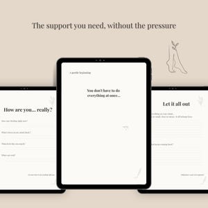 Può includere: Tre tablet neri che mostrano suggerimenti per il diario e testo: "Come stai... davvero?", "Non devi fare tutto in una volta..." e "Lascia uscire tutto". Lo sfondo è beige chiaro con il testo "Il supporto di cui hai bisogno, senza pressione".