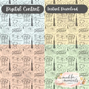 Op de afbeelding: Vierpaneels digitaal papierontwerp met illustraties met een afstudeerthema. Elk paneel heeft een andere pastelkleurige achtergrond met herhaalde patronen van afstudeerpetten, diploma's en sterren. Tekst bevat "Digital Content" en "Instant Download".