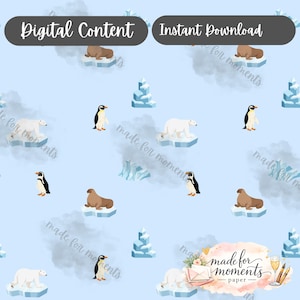 May include: A digital paper design with illustrations of polar bears, penguins, and seals on ice floes, set against a pale blue backdrop. The words "Digital Content" and "Instant Download" are at the top. The design includes the text "made for moments".