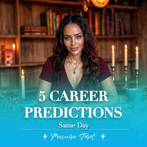 May include: A woman with dark hair and a maroon top is the central figure, wearing a turquoise necklace. The image displays the text "5 CAREER PREDICTIONS" and "Same Day", with "Masmira Tarot" below. Lit candles and a bookshelf are visible.