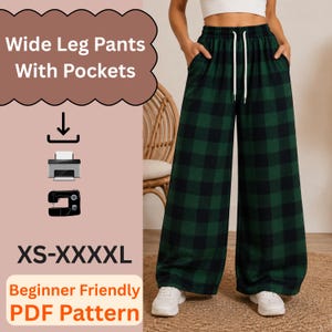 Könnte beinhalten: Weit geschnittene Hose mit dunkelgrünem und schwarzem Karomuster, ausgestattet mit einem elastischen Bund, einem weißen Kordelzug und Seitentaschen. Der Text lautet Wide Leg Pants With Pockets, XS-XXXXL, und Beginner Friendly PDF Pattern.