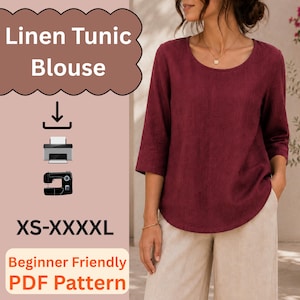Peut inclure: Une tunique chemisier en lin rouge foncé avec une encolure ronde et des manches trois-quarts. L'image contient le texte Linen Tunic Blouse, XS-XXXXL, et Beginner Friendly PDF Pattern, avec des icônes d'imprimante et de machine à coudre.