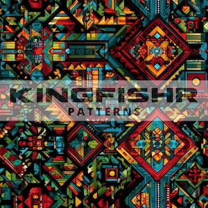 May include: A vibrant, geometric pattern with a mix of shapes and colors, including red, blue, yellow, and green. The design features a repeating motif of diamonds and triangles, with the text "KINGFISHER PATTERNS" overlaid on the image.