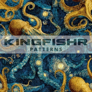 May include: A repeating pattern featuring golden octopuses against a swirling blue and dark blue background with yellow stars. The text "KINGFISHR PATTERNS" is overlaid on the image.