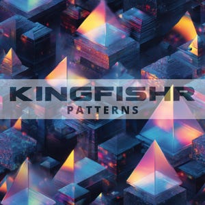May include: Abstract digital art featuring geometric shapes in shades of blue, purple, and orange. The image includes the text "KINGFISHR PATTERNS" in a bold, sans-serif font.
