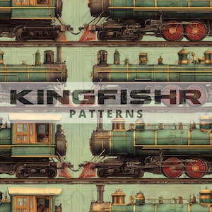 May include: Repeating pattern featuring vintage steam trains in shades of green, brown, and red. The trains are set against a light green background with the text "KINGFISHR PATTERNS" overlaid.