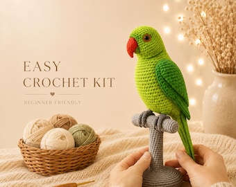 Beginner Parrot Crochet Kit, Realistic Emerald Green Bird Amigurumi DIY Kit, Easy Crochet Animal Kit, Handmade Gift Idea