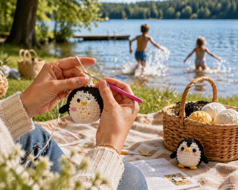 May include: A person crocheting a black and white penguin toy with a pink crochet hook. A finished penguin toy sits next to a basket filled with yarn. The scene is set outdoors near a lake, with children playing in the water.