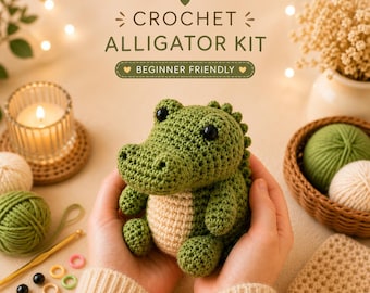 Alligator Crochet Kit for Beginners – Easy DIY Crochet Animal, Cute Crocodile Plush Project, Fun Handmade Gift