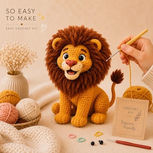 May include: A crocheted lion with a brown mane and yellow body. The lion has a smiling expression and is part of an easy crochet kit. The kit includes yarn, a crochet hook, and a beginner-friendly guide. The text "SO EASY TO MAKE" is visible.