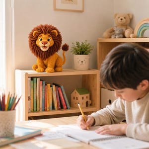 May include: A child is seated at a wooden desk, writing in a notebook with a pencil. A crocheted lion with a brown mane and tail sits on a shelf above a row of books. A teddy bear and a wooden rainbow are also on the shelf.