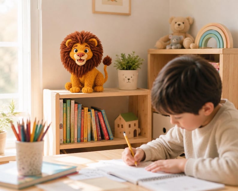 May include: A child is seated at a wooden desk, writing in a notebook with a pencil. A crocheted lion with a brown mane and tail sits on a shelf above a row of books. A teddy bear and a wooden rainbow are also on the shelf.